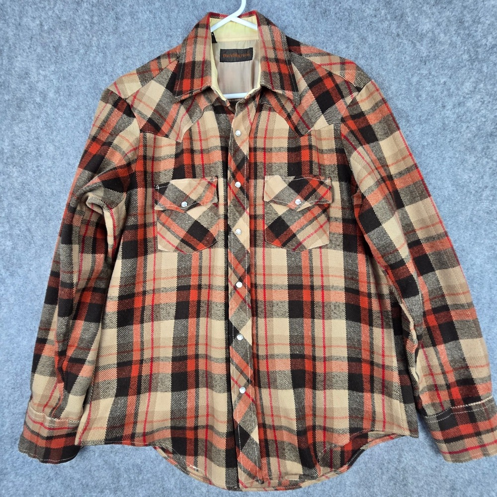 Vintage 70s Western Pearl Snap Flannel Shirt Mens Medium Brown Orange Plaid M